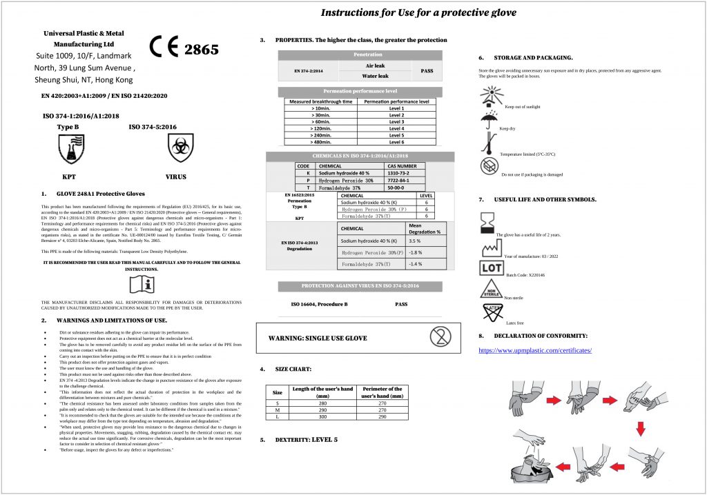 CE PPE regulation PE protective gloves user information sheet